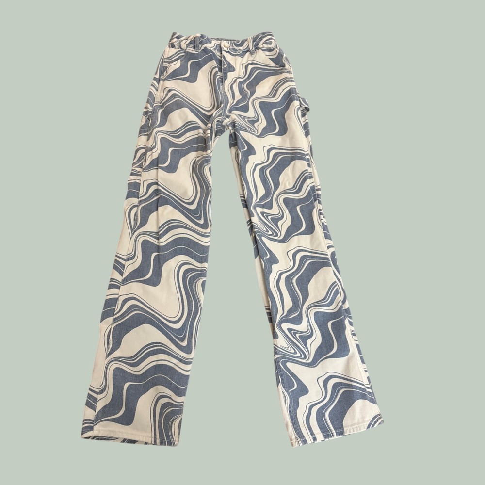 PacSun 90s BF Carpenter Jeans Blue White Marble Swirl Print Pants 25